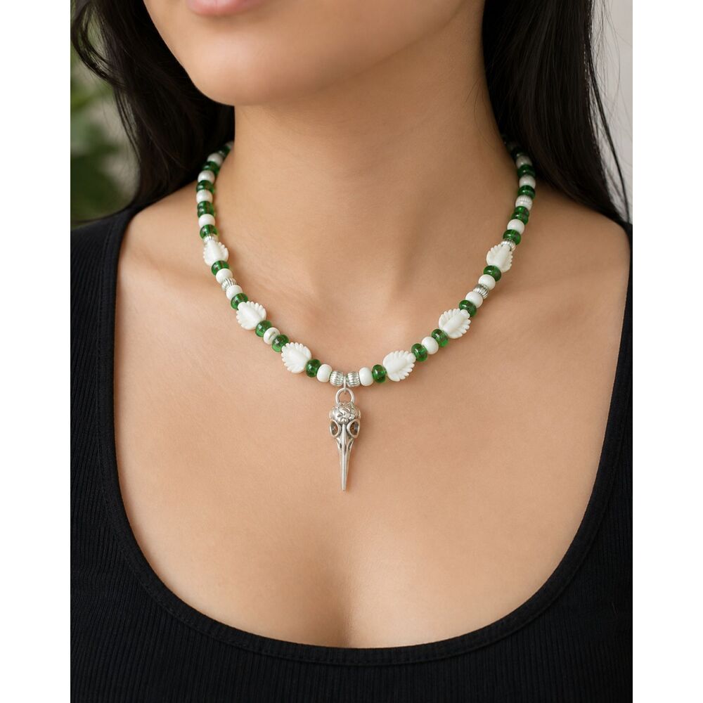 OOAK Handmade Green White Beaded Necklace Bird Skull Plague Doctor Mask Charm
